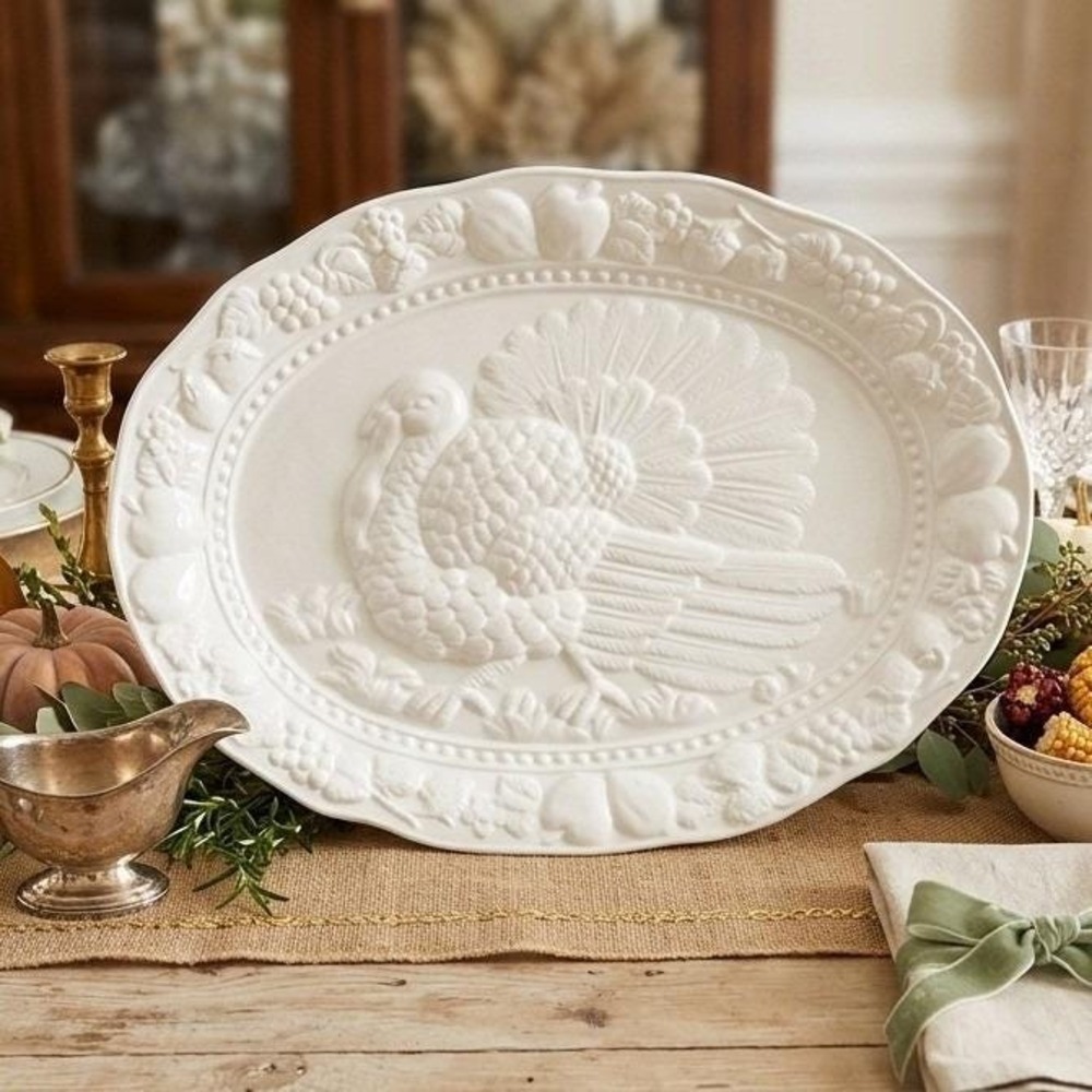 Vintage White Embossed Turkey Platter 19" Deluxe Large Thanksgiving Christmas
